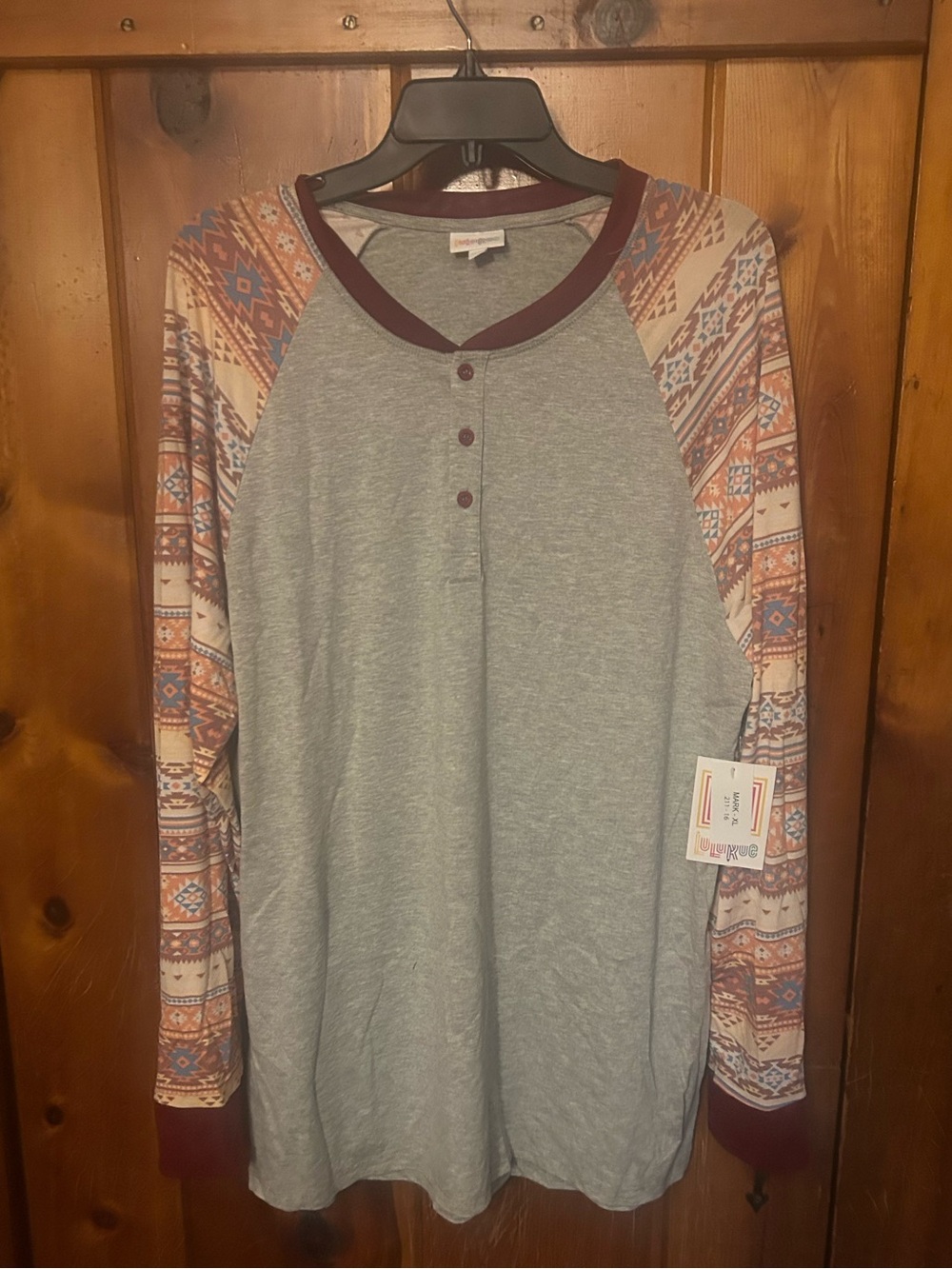 LuLaRoe Woman’s Peek Gray Henley with Rust-Patterned Raglan Sleeves Mark - XL